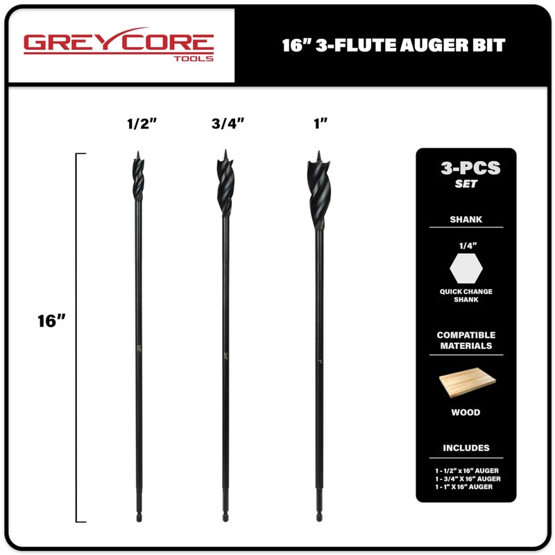 Greycore Tools 3-Piece 16 Inch 3-Flute Auger Bit, Wood Drill Bit for Hard and Soft Wood, 1/4    Quick Change Shank, Woodworking Auger Bits (16    Set 1/2   , 3/4   , 1   ) - Image 2